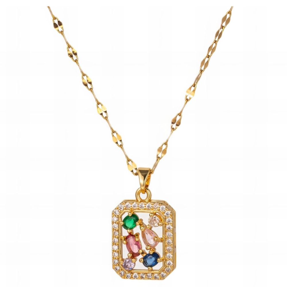 Gold Multicolor Cubic Zirc Necklace. Stainless Steel. 18K Gold Plated.New